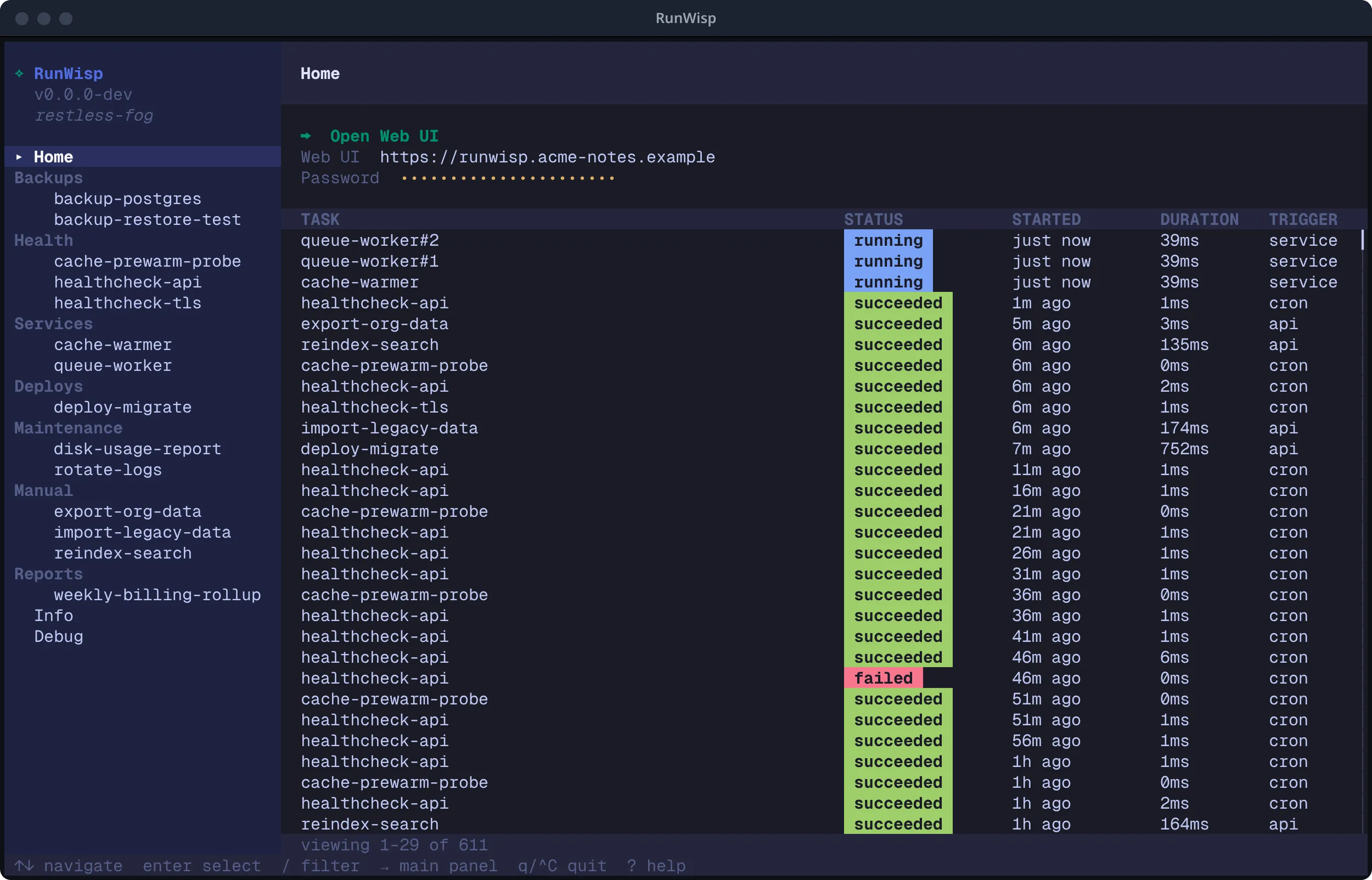 RunWisp terminal UI: task list with statuses, running dashboard with live updates