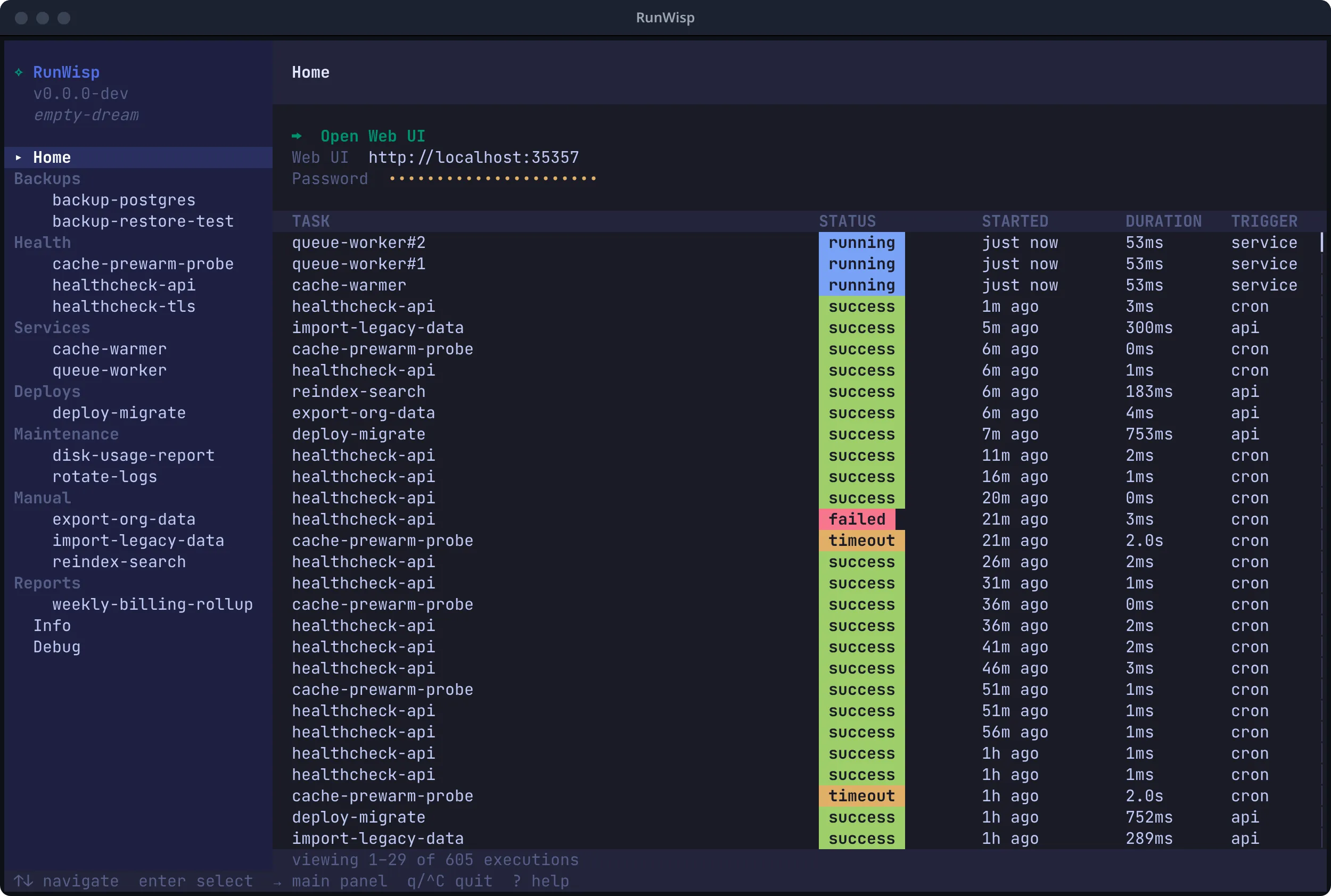 RunWisp terminal UI: task sidebar, live log output, and execution controls.