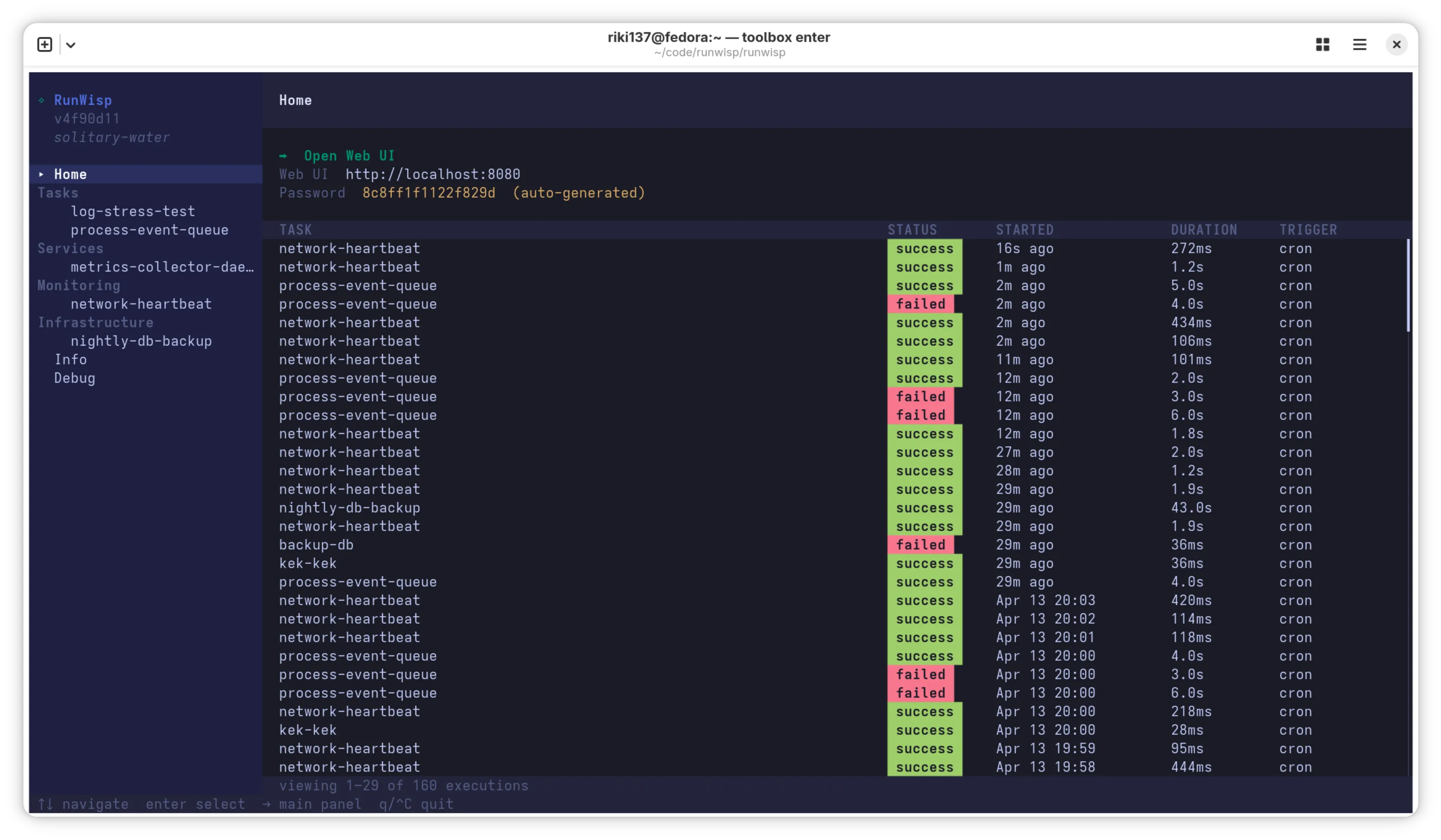 RunWisp terminal UI: task sidebar, live log output, and execution controls.
