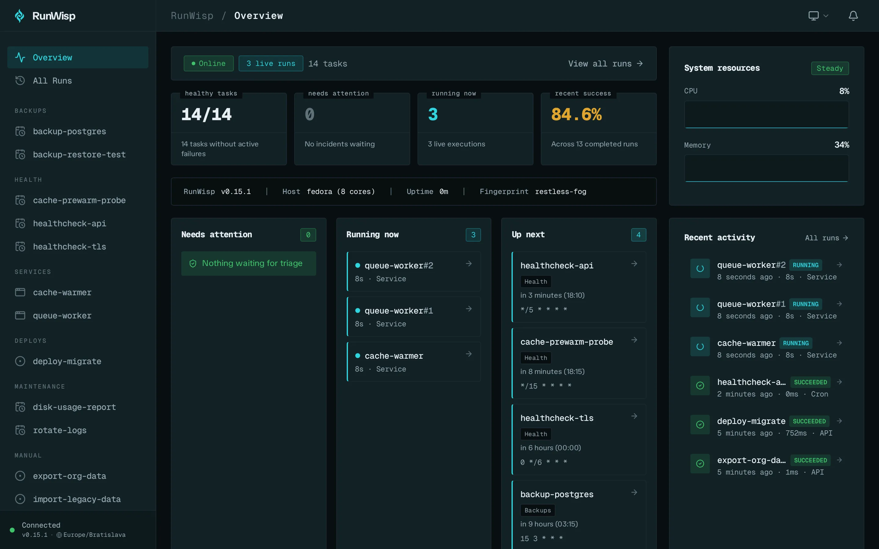 RunWisp web dashboard: tasks overview with health status, run history, and live metrics