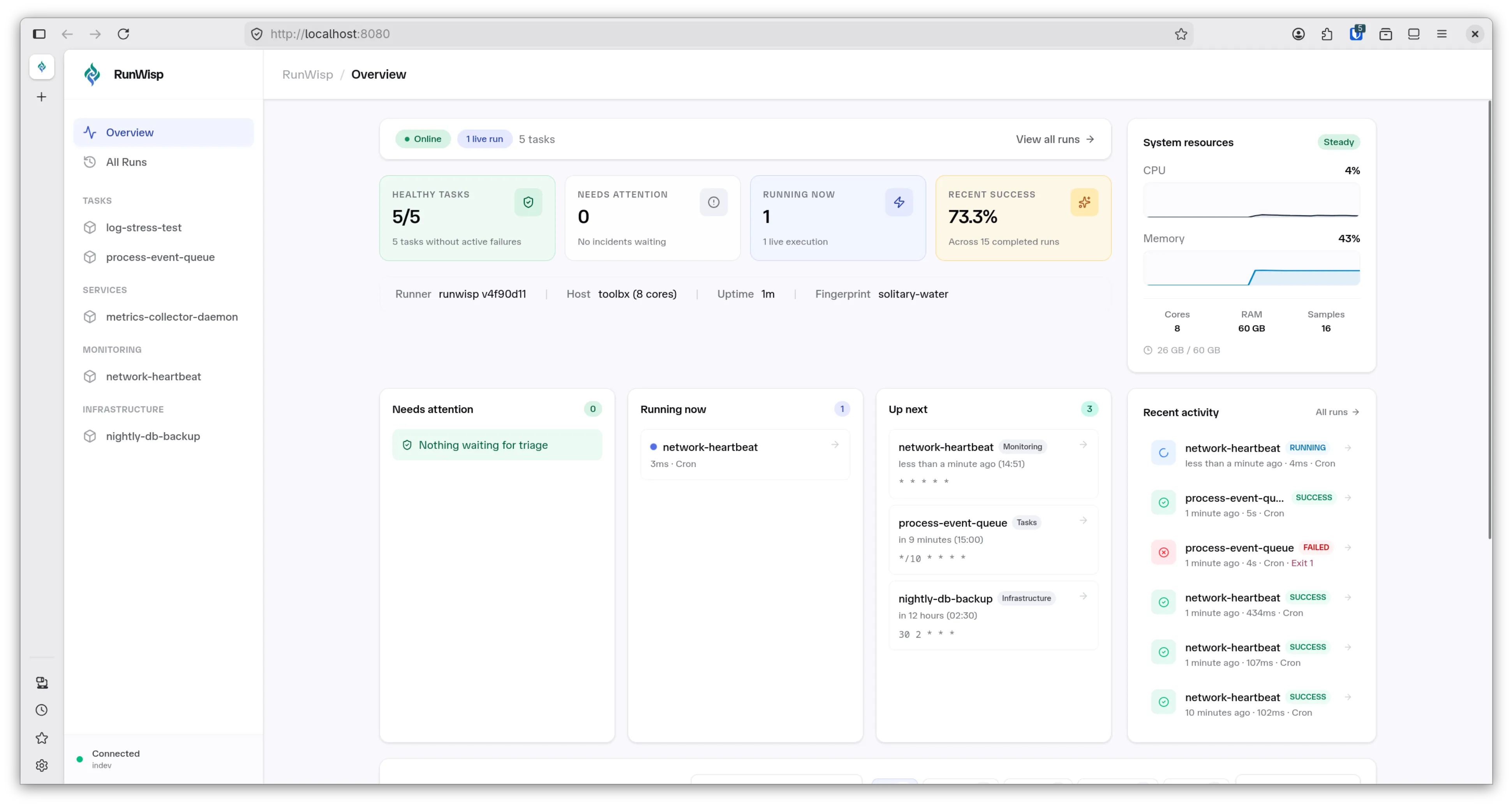 RunWisp web dashboard: task list, execution history, and live log streaming.