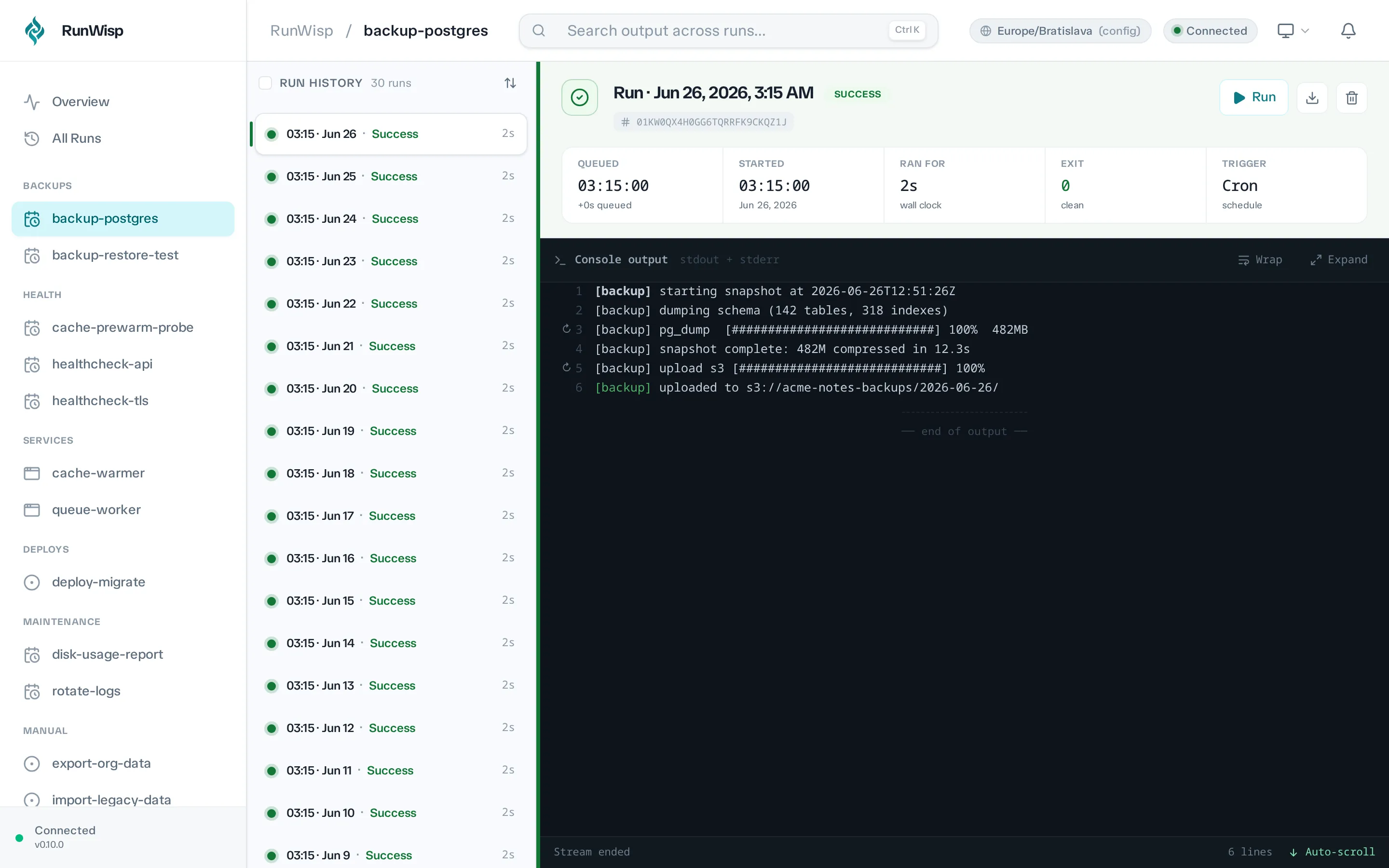 RunWisp web dashboard showing per-task run history with exit codes, durations, and a live log pane.