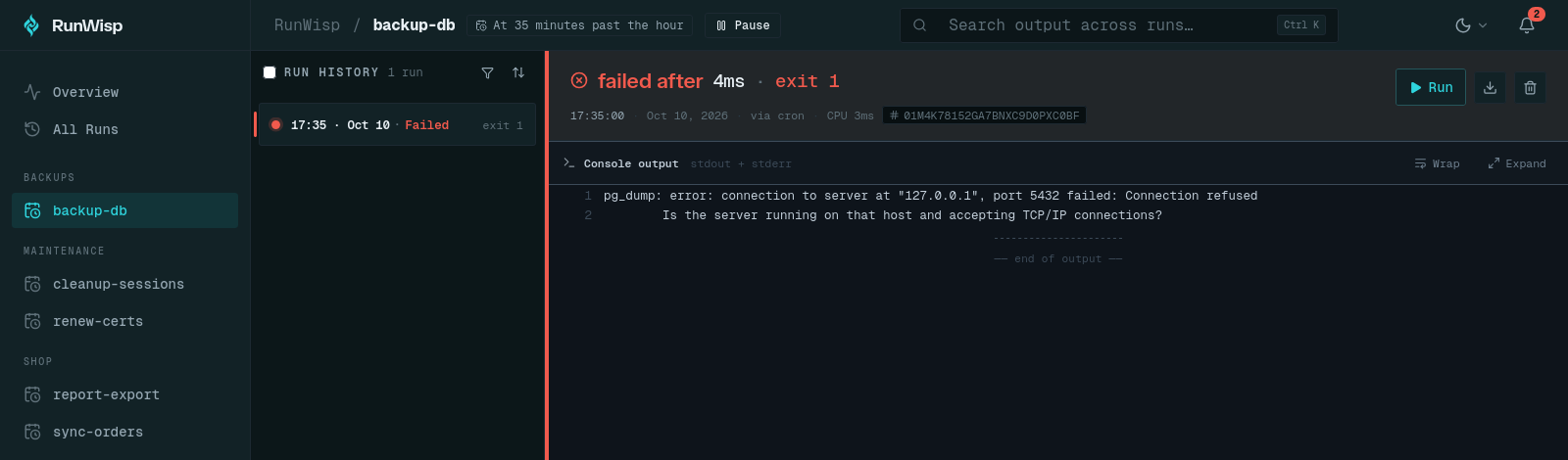 RunWisp run detail for backup-db: the 17:35 scheduled run failed after 4ms with exit 1, and the output shows 'pg_dump: error: connection to server at "127.0.0.1", port 5432 failed: Connection refused' followed by 'Is the server running on that host and accepting TCP/IP connections?'.