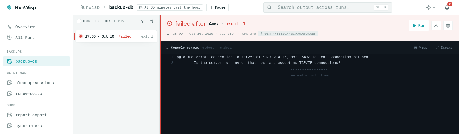 RunWisp run detail for backup-db: the 17:35 scheduled run failed after 4ms with exit 1, and the output shows 'pg_dump: error: connection to server at "127.0.0.1", port 5432 failed: Connection refused' followed by 'Is the server running on that host and accepting TCP/IP connections?'.