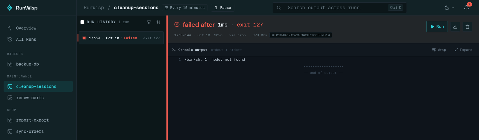 RunWisp run detail for cleanup-sessions, scheduled every 15 minutes: the 17:30 run failed after 1ms with exit 127, and the console output shows '/bin/sh: 1: node: not found'.