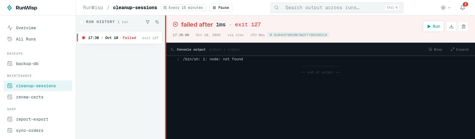 RunWisp run detail for cleanup-sessions, scheduled every 15 minutes: the 17:30 run failed after 1ms with exit 127, and the console output shows '/bin/sh: 1: node: not found'.