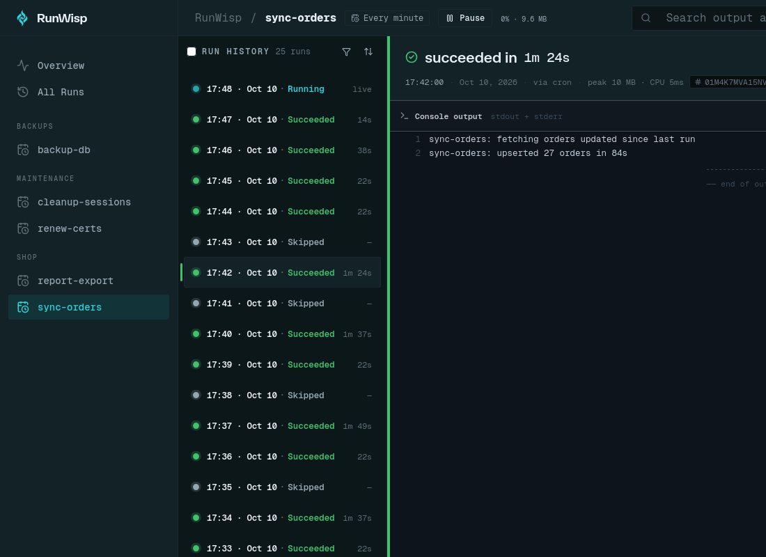 RunWisp run history for sync-orders, scheduled every minute: skipped runs at 17:35, 17:38, 17:41 and 17:43 each follow a run that took longer than a minute (1m 37s, 1m 49s, 1m 37s, 1m 24s). The selected 17:42 run succeeded in 1m 24s with the output 'sync-orders: upserted 27 orders in 84s'.