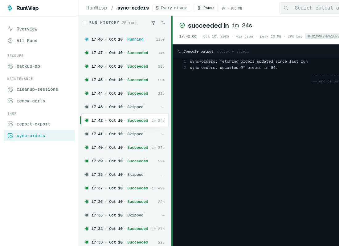 RunWisp run history for sync-orders, scheduled every minute: skipped runs at 17:35, 17:38, 17:41 and 17:43 each follow a run that took longer than a minute (1m 37s, 1m 49s, 1m 37s, 1m 24s). The selected 17:42 run succeeded in 1m 24s with the output 'sync-orders: upserted 27 orders in 84s'.