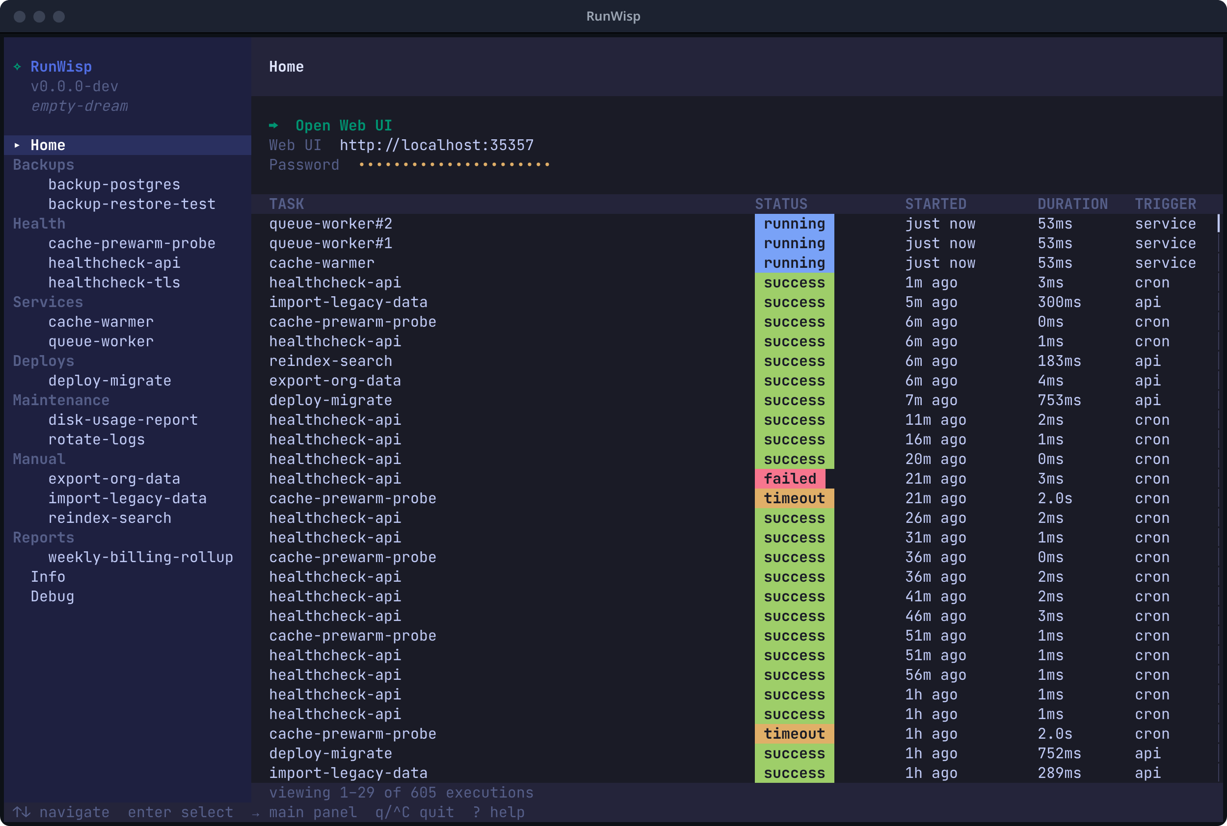 RunWisp terminal UI: task list with statuses, running dashboard with live updates