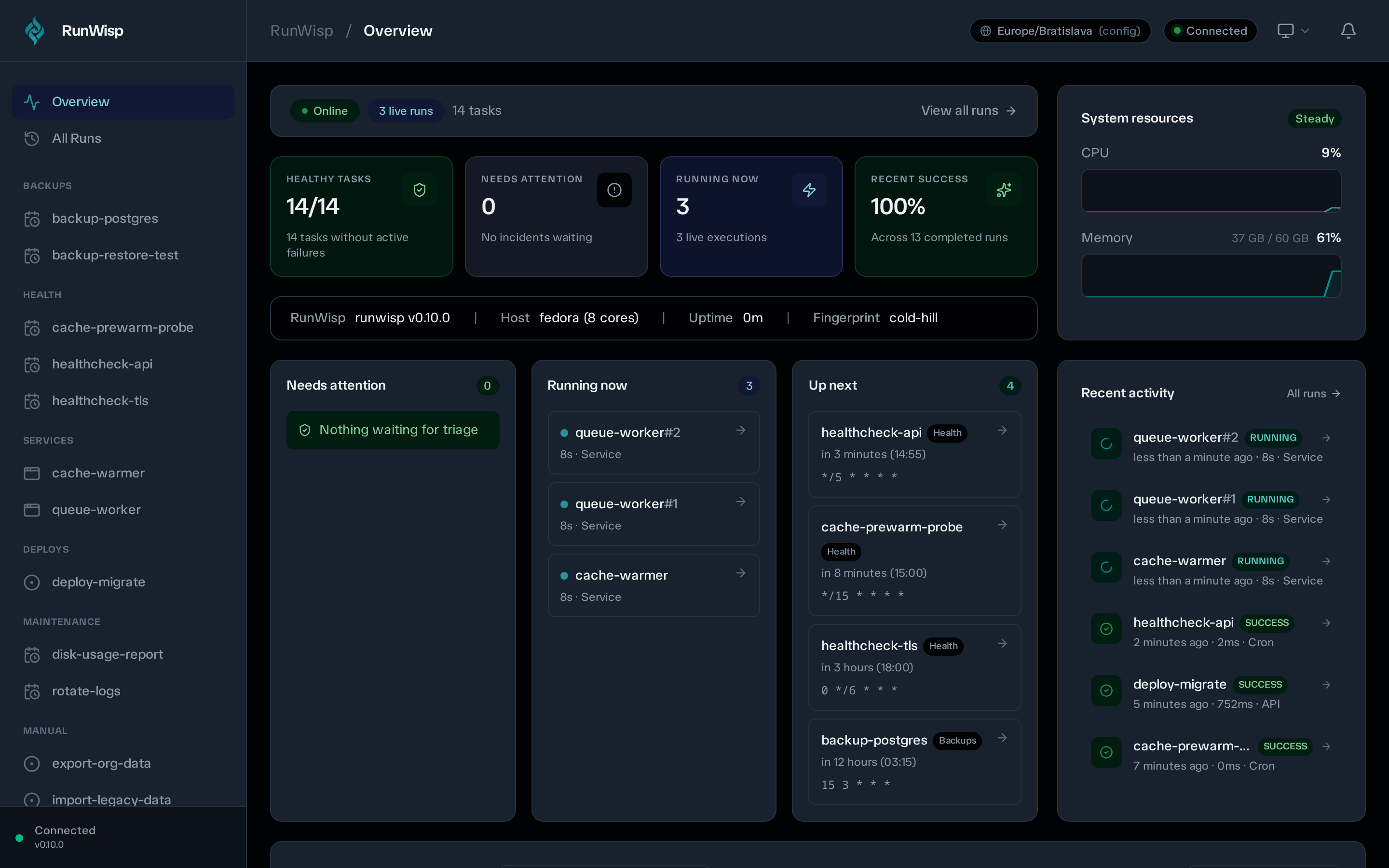RunWisp web dashboard: tasks overview with health status, run history, and live metrics
